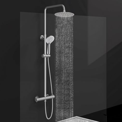 Acezanble colonne de douche thermostatique en laiton chromé, avec douche de tête ronde en acier inoxydable 20X20CM et douchette 3 fonctions, hauteur réglable 750-1280mm (1/4)