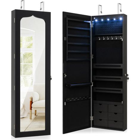 Mobiletto portagioie da parete 120 x 36,5 x 11,5 cm con specchio e luce LED design moderno in MDF nero 200010332
