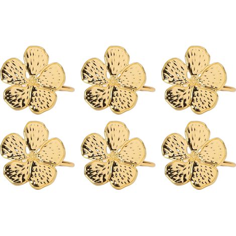 Set aus 6 eleganten Serviettenringen mit Blumenmuster aus Zinklegierung in Goldfarbe, perfekt zur Tischdekoration bei Feiern (Babypartys, Hochzeiten, Bankette). (1/5)