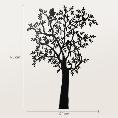 Porte-manteau mural en métal, crochets muraux à suspendre, design arbre avec oiseaux, couleur noire, pour entrée ou couloir, fixation murale incluse (1/5)