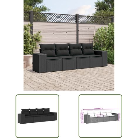 The Living Store 4-tlg. Garten-Sofagarnitur mit Kissen Schwarz Poly Rattan - Gartensofas - Outdoor Möbel - Gartenmöbel Set - Rattan Gartenmöbel - Lounge Set (1/3)