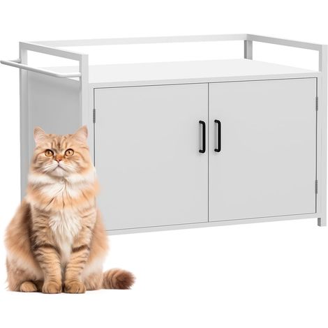 Meuble de litière pour chats relevé avec entrée latérale en forme de chat, armoire multifonction pour animaux domestiques, 2 portes, fermeture magnétique pour niche, structure en fer, 75 x 55 x (1/5)