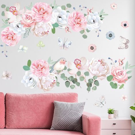 Lntyq Sticker Muraux Amovibles aux Fleurs Roses et aux Feuilles Vertes Autocollants Botaniques Papillons pour Chambre à Coucher et Salon (1/5)