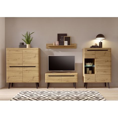 Skandinavisches Wohnwand Set 4 teilig TIROL-61 in Eiche Artisan mit schwarz, inkl. LED-Beleuchtung, B/H/T 344/170/40 cm (1/5)