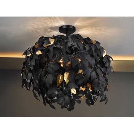 Große Deckenleuchte LEAVY mit Blätter Lampenschirm Schwarz Gold, Ø 70cm (1/5)