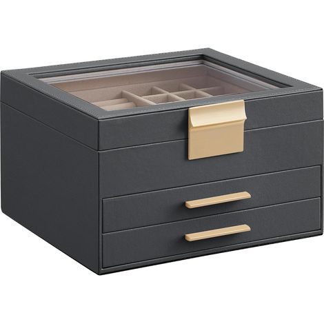 Joyero con tapa de cristal, organizador de joyas de 3 niveles, 2 cajones, para joyas grandes y pequeñas, almacenamiento de joyas, estilo moderno, 20,3 x 23,9 x 13,4 cm, gris (1/5)