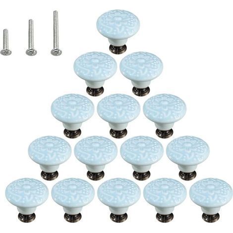 Lot de 15 poignées de commode en céramique brillante style champignon avec 3 vis de montage, bleu ciel (1/5)