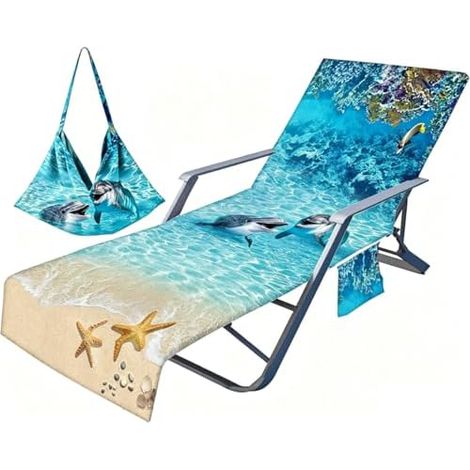 Housse Transat de Jardin Océan Drap de Plage Microfasse à 2 Poches, 75x210 cm, Piscine Plage Hôtel, Dauphin (1/5)