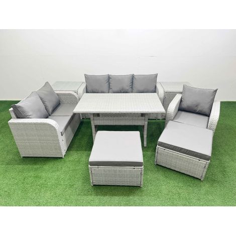 Fimous Patio PE Wicker 8 Seater Outdoor Rattan Furniture Sofa Sets with Rectangular Dining Table Reclining Chair Loveseat Sofa 3 Seater Sofa 2 Big Footstools 2 Side Table Light Grey (1/4)
