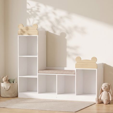Bibliothèque Enfant, Meuble Rangement Enfant 3 en 1 avec Banc, 6 Compartiments, 2 Étagères, Coussin d'Assise, Blanc (1/5)