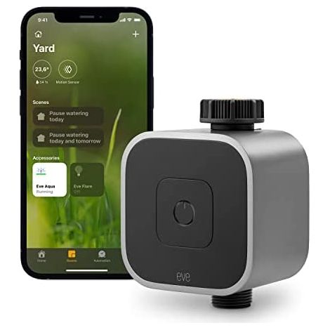 Eve Aqua – Regolatore dell'acqua intelligente per l'app Apple Casa o Siri, irrigazione automatica con programmazioni, facile da usare, accesso remoto, senza bridge, Bluetooth, Thread, HomeKit (1/5)