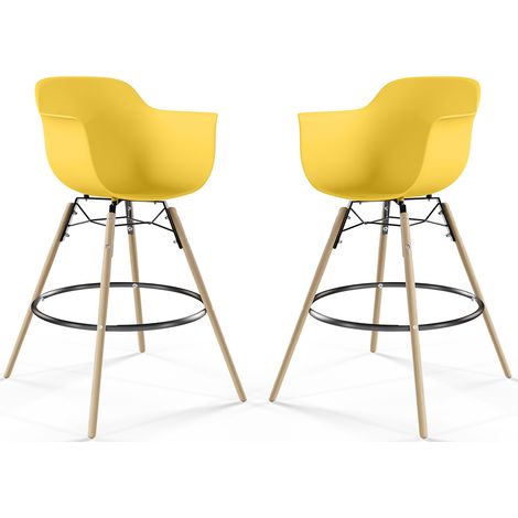 Sgabello da Bar - Design Scandinavo - Gambe in Legno - Set di 2 - Nordika Giallo