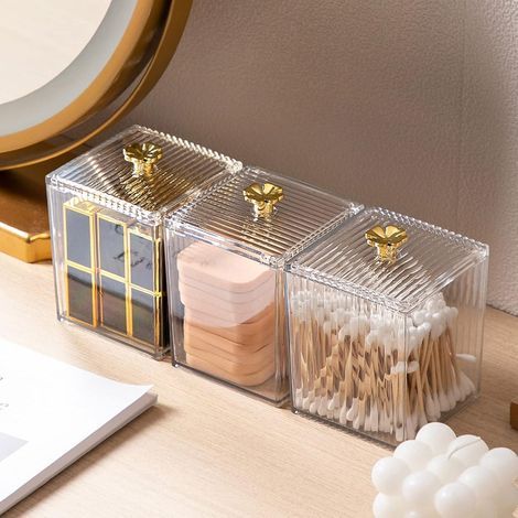 3pcs Distributeur de Cotons Salle de Bain, Boîte Acrylique Transparente poue Coton Tige Rangement Maquillage pour Cosmétiques, Boules De Coton, Tampons (1/5)