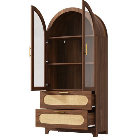 Vitrina alta de MDF con puertas de cristal y 2 cajones, 80 x 40 x 175 cm, diseño retro nogal (1/5)