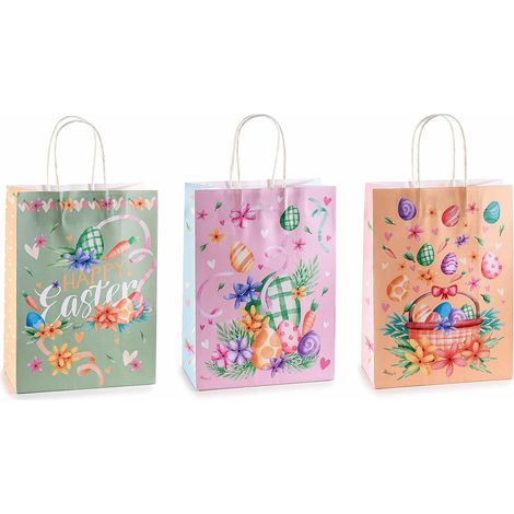 Sacchetti / buste medie in carta con stampa pasquale e scritta Happy Easter, set da 36 pezzi, cm 18,5 x 9,5 x 25,5 H