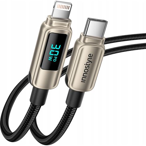 Innostyle-Kabel mit Display, USB-C- und Lightning-Anschluss für iPhone 12, 13 und 14, 30 W, 1 m