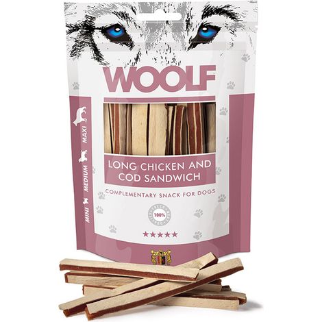 Friandises pour chiens Woolf, sandwich au poulet et à la morue, pour chiens de petite, moyenne et grande race, 100 g