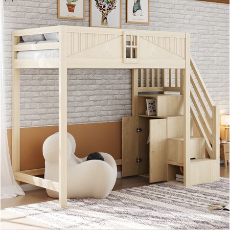 Cama alta infantil 90x200 cm de madera con almacenamiento, sin colchón – MEUBLIV (1/5)