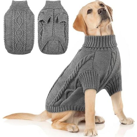 Pull en Maille Torsadée Chien Chat Vêtement Hiver Chaud pour Animaux de Compagnie Chandail Col Roulé Gris