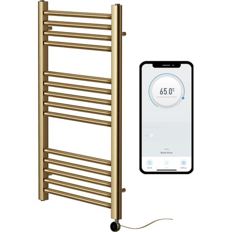 York Brushed Brass WiFi Controlled Electric Heated Straight Towel Rail 500mm W x 800mm H (1/4)