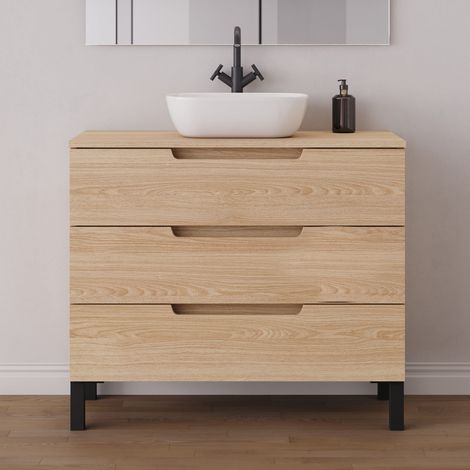 Meuble de salle de bain 100cm avec plateau et vasque à poser arrondie - 3 tiroirs - sans miroir - roble era (chêne clair) - RIZA (1/5)