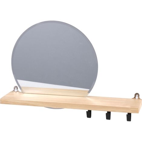 Étagère murale avec miroir rond – 3 crochets en bois – Dimensions L. 45 x l. 10 x H. 30 cm – Poids 1,35 kg – Urban Living (1/3)