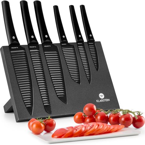 Klarstein – Ensemble de 6 couteaux de cuisine en acier inoxydable japonais 420J2 – Lames antiadhésives – Bloc magnétique en bois naturel
