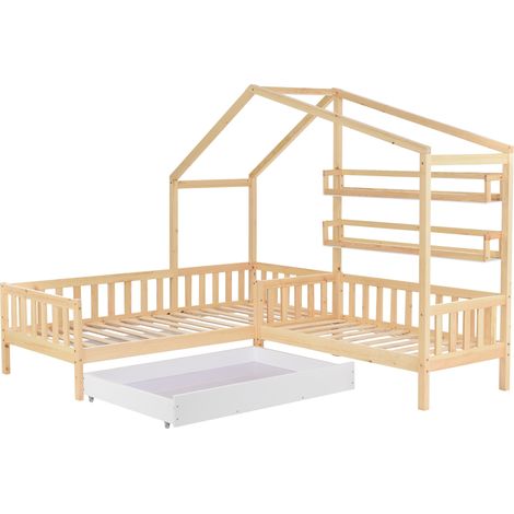 Cama cabaña infantil en L con cajones y estantes, pino y MDF, natural, 90 x 200 + 140 x 70 cm (1/5)