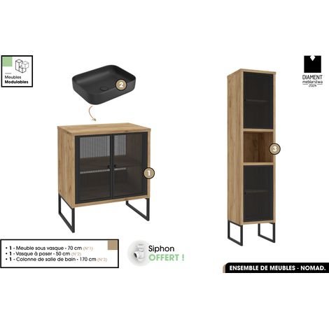Ensemble complet de salle de bain - Meuble - Colonne - Vasque avec Siphon OFFERT NOMAD OAK 70 x 80 x 43 cm (1/5)