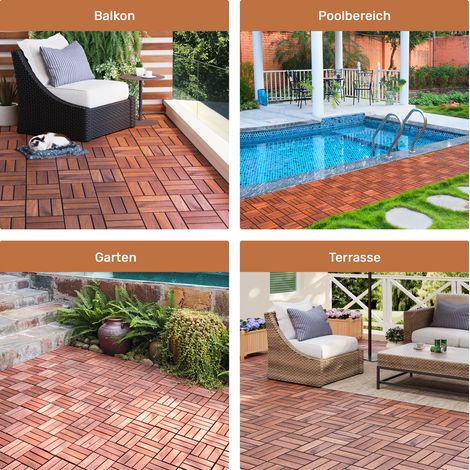 Dalles de terrasse emboîtables 30x30x2,4 cm en bois brun, facile à monter pour balcon, FLORAGRACE (1/5)
