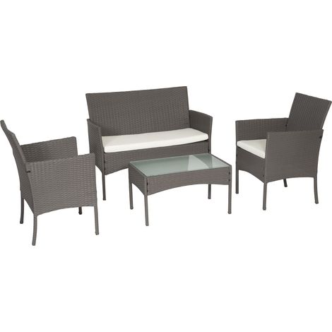 Conjunto de jardín CORDOBA en resina trenzada gris 4 plazas cojines beige