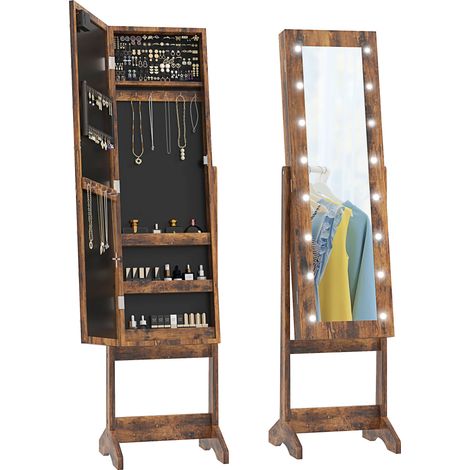 Armoire à bijoux avec miroir réglable et éclairage LED 36 x 30 x 136 cm Brun rustique (1/4)