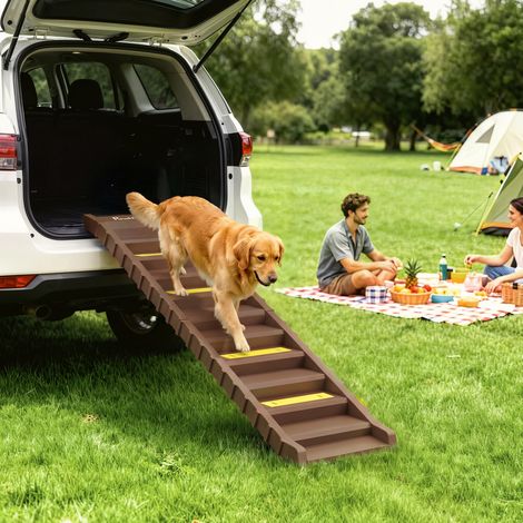Rampe pliable à 10 marches pour chiens, idéale pour les voitures et les lits hauts, marron. (1/5)