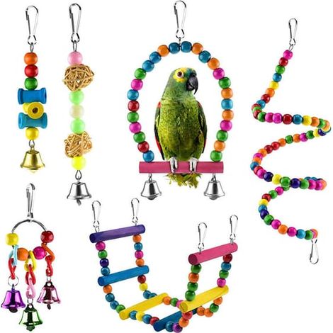 6 miroirs en bois pour cages à perruches, oiseaux et colombes, avec clochette, échelle et balançoire.-AquaForge (1/5)
