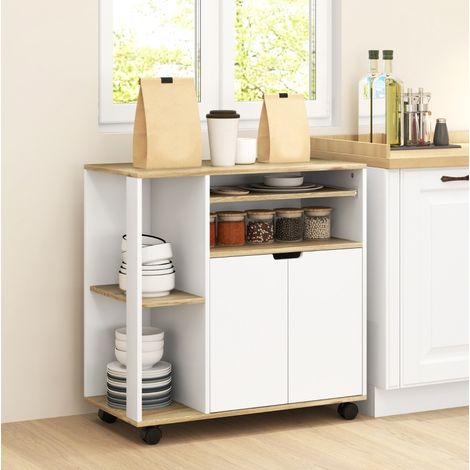 Carrello cucina 80/40/82 cm in legno naturale e bianco con ripiano regolabile e ruote (1/5)