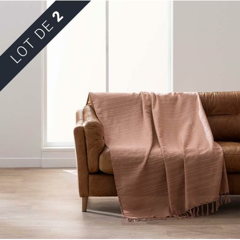 Lot de 2 plaids LILIA 180 x 220 cm – 100 % coton – Plaid à franges mocha (1/4)