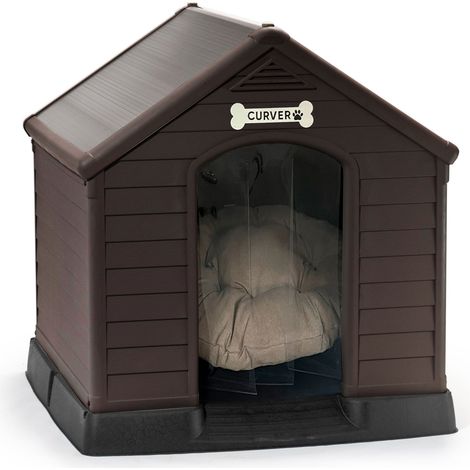 KETER Caseta de Perro marrón Grande, Incluye cojín, Cortina y Etiqueta con Nombre - Fabricada en Resina 99Wx99LxH95 cm (1/3)