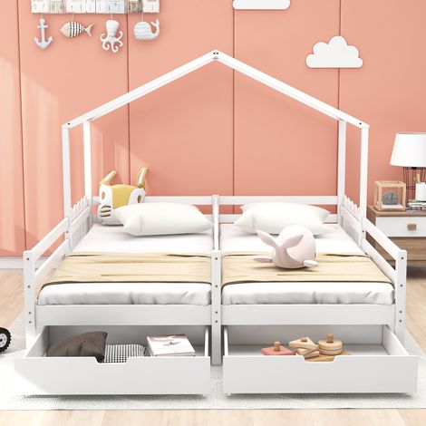Lit double enfant 200x90 cm blanc avec sommier pin, barreaux de sécurité, 2 tiroirs MDF sur roulettes