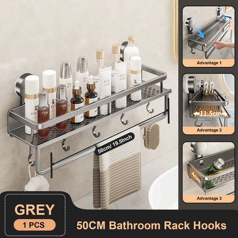 Étagère de salle de bain à ventouses (50 cm, grise) - Fixation murale en aluminium sans perçage - Organisateur de salle de bain à suspendre au mur (1/5)