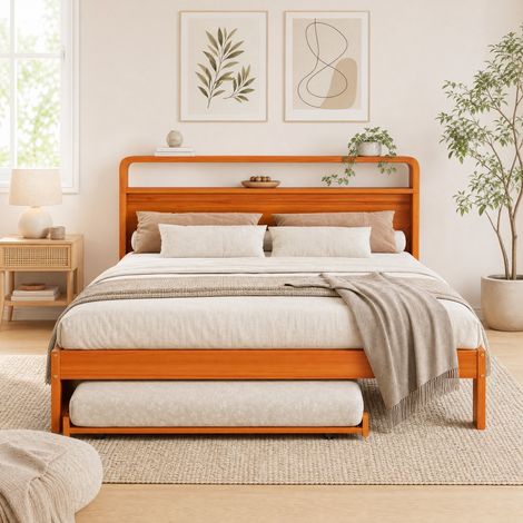 Cama de madera 140 x 200 cm con cama nido 90 x 190 cm, natural, cabecero redondeado OKMYHOME