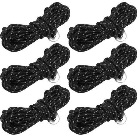 Lot de 6 cordes réfléchissantes de 4 m et 3 mm avec boucle en alliage d'aluminium pour tente, camping et randonnée. Couleur : noir réfléchissant.