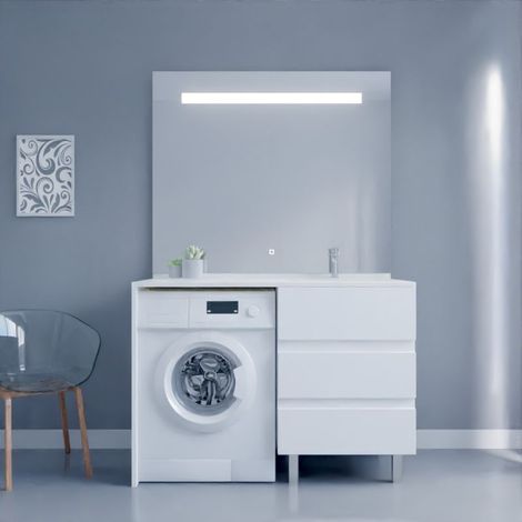 Cuisibane – Meuble machine à laver KORA – Plan vasque déportée 124 cm – Miroir LED 1000 lumens – Blanc laqué – Espace lave-linge 62x85 cm