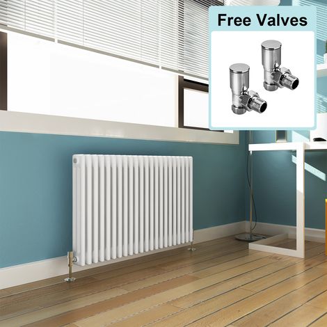ELEGANT 600 x 999 mm Traditional Radiator Cast Iron Style Horizontal Radiator White Triple Horizontal Column Radiators + Angled Radiator Valves (1/5)