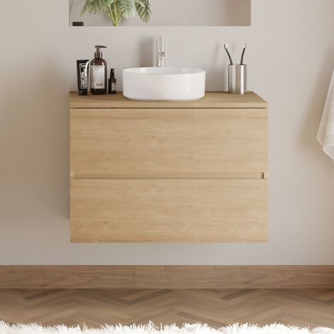 Meuble de salle de bain 70cm avec plateau et vasque à poser ronde - 2 tiroirs - sans miroir - nebraska (chêne clair) - IDA (1/5)