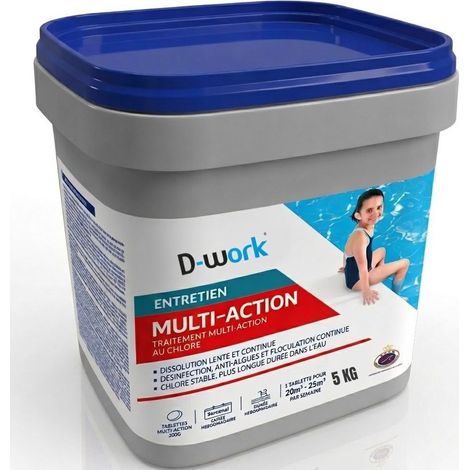 Chlore Multiactions 5 kg Pastilles 250 g - Traitement Eau Piscine Complet - D-Work