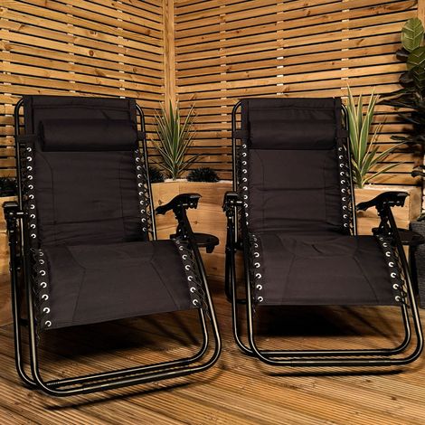Set of 2 Luxury Padded Multi Position Zero Gravity Garden Relaxer Chair Lounger in All Black (1/5)