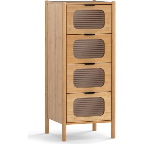 Goplus – Commode enfant 4 tiroirs en bambou naturel – Verre trempé cannelé – Poignées en métal noir – Dimensions 40×40×97 cm (1/5)