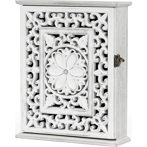 Wooden Key Box with European Compartments, Key Cabinet with 6 Hooks, Vintage White Keyring, Keyring, for Entryway, Hallway, Office, Medium Size 27 x 21 x 7 cm (1/5)