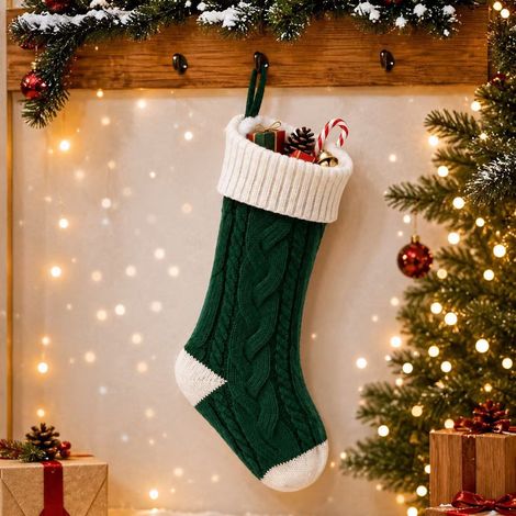 Chaussette de Noël verte en tricot grande taille, sac cadeau et bonbons, décoration suspendue avec motif torsadé et couleurs contrastées pour fêtes