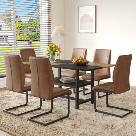 Ensemble de salle à manger avec table rectangulaire noire et étagère intégrée, et 6 chaises de salle à manger marron, 160 x 90 x 76 cm